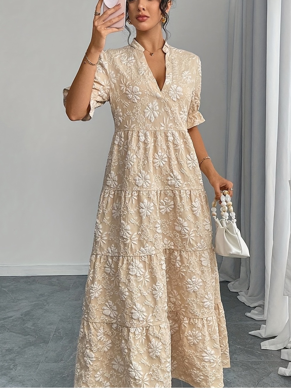 Beige Floral Embroidered Tiered Maxi Dress - Women's
